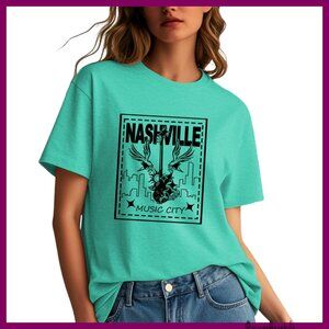 Vintage Nashville Country Music Graphic Tee Guitar Wings Print Short Sleeve